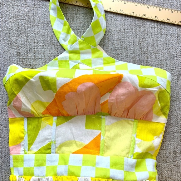 SABO True Dress Checker Floral Print Bright Yellow Linen Cotton Maxi Dress - Picture 16 of 16